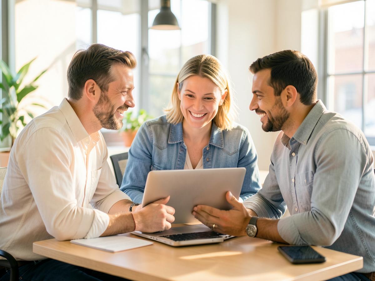 Trois dirigeants qui consultent leurs résultats sur un ordinateur portable