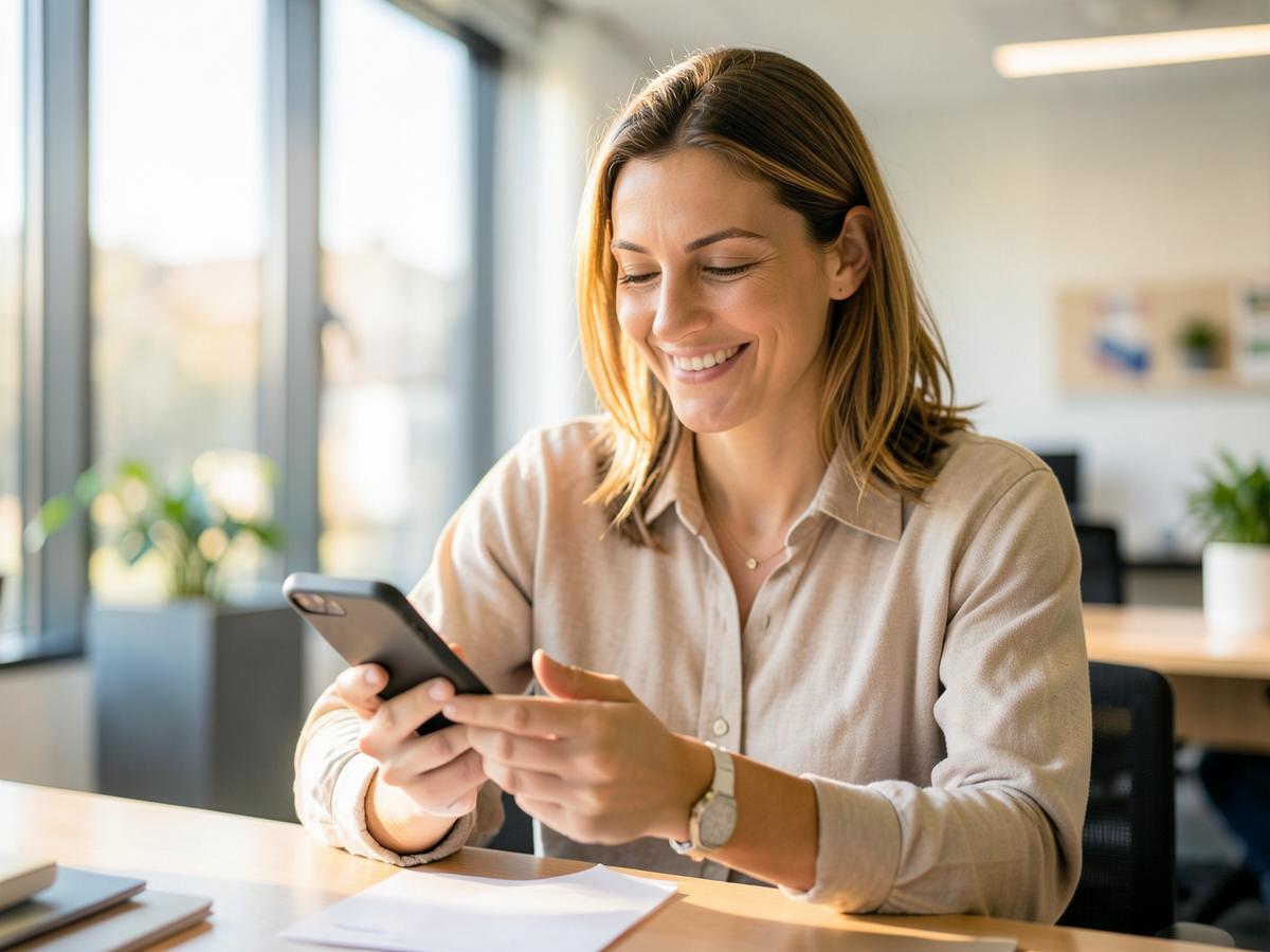 Salariée souriante répondant au questionnaire WorkJoy sur son téléphone