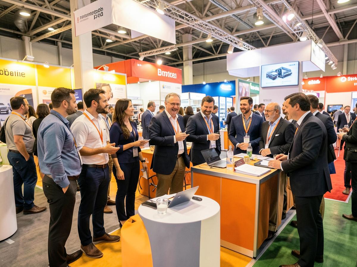 Stand de salon animé avec une équipe commerciale accueillant des visiteurs