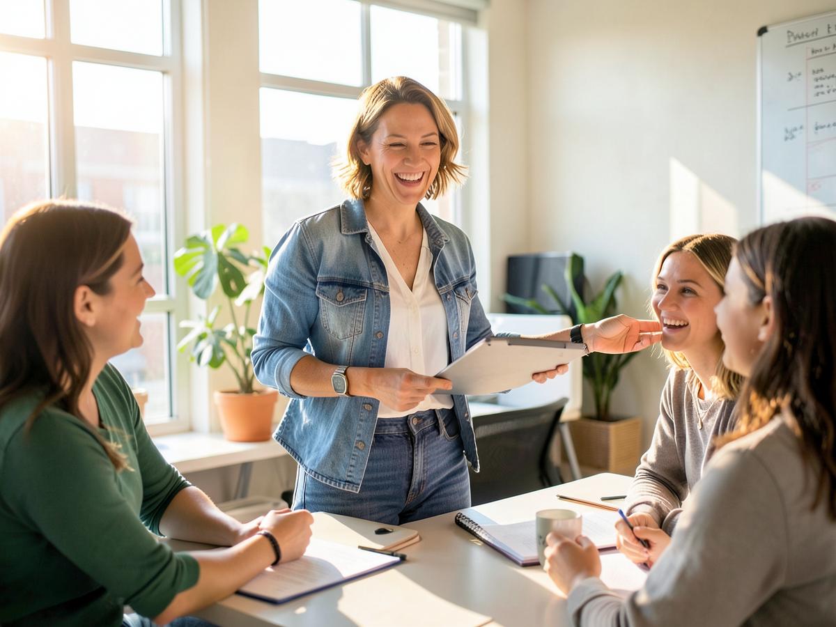 Une intervenante WorkJoy souriante animant un atelier d'équipe