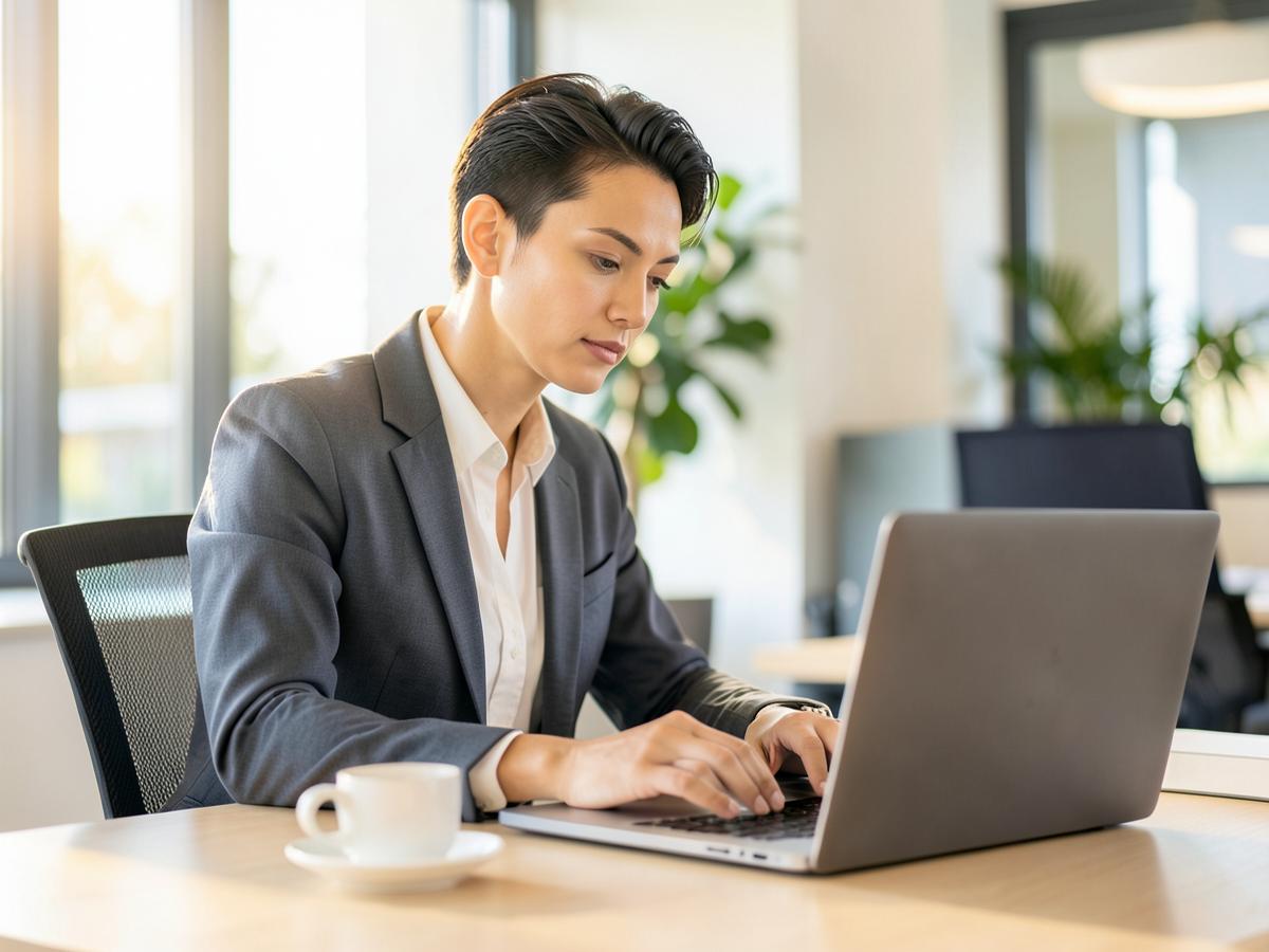 Une dirigeante qui prépare sa demande sur son ordinateur
