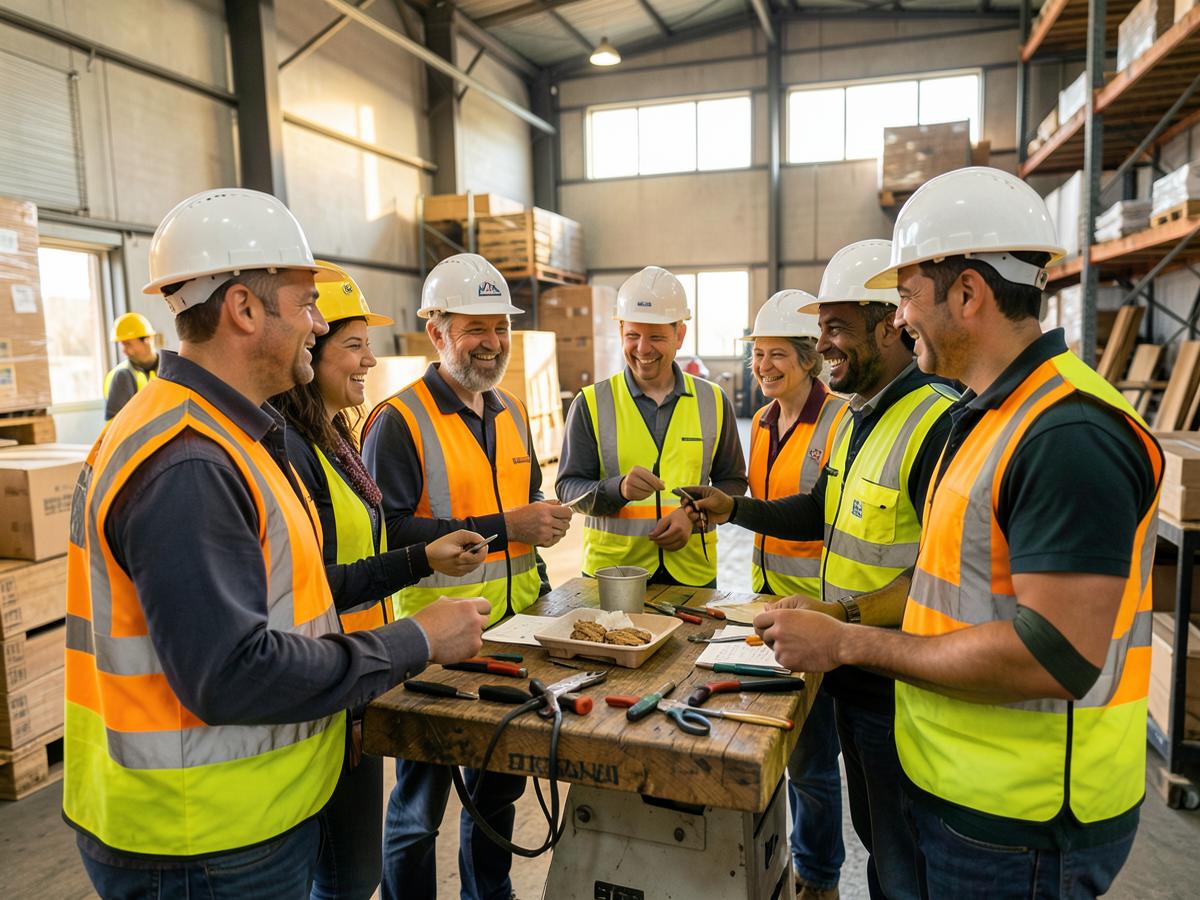 Équipe en gilets de sécurité partageant un moment convivial dans un entrepôt